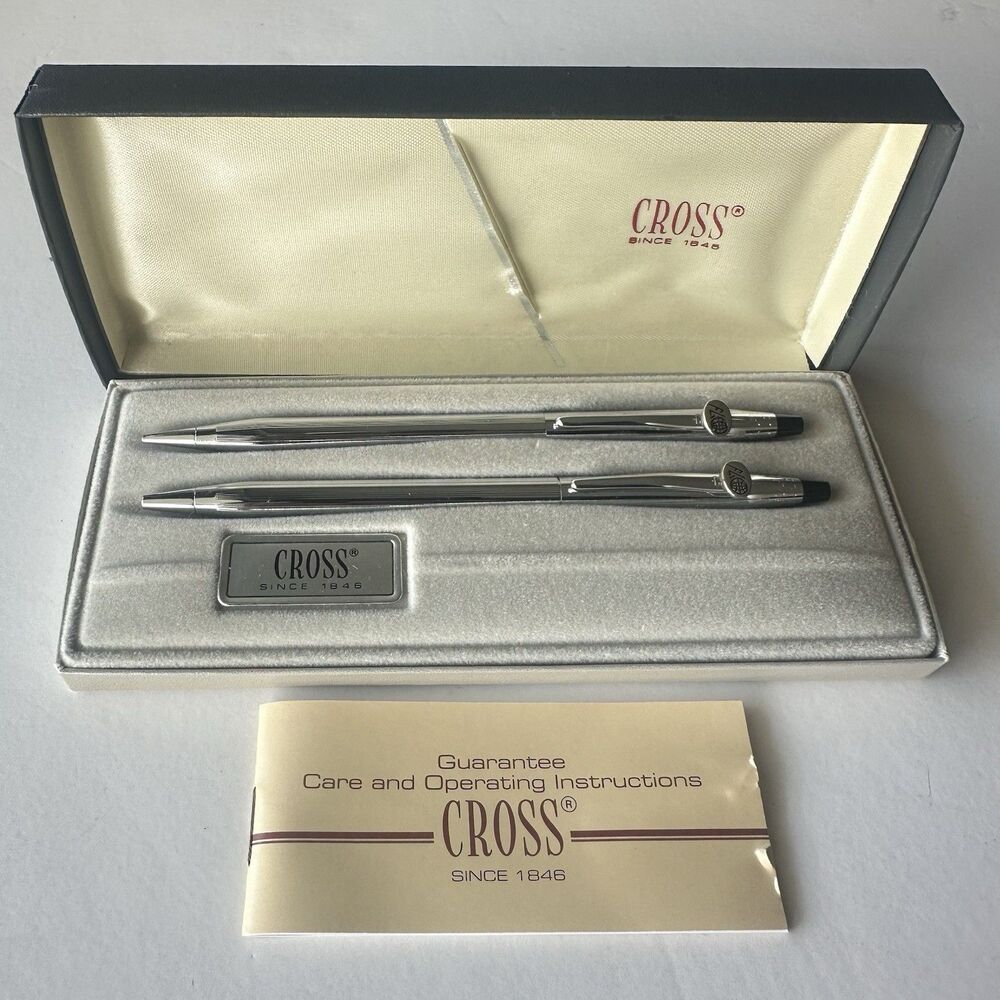 Vintage Cross Classic Chrome 3501 Ballpoint Pen & Mechanical Pencil Set + Case